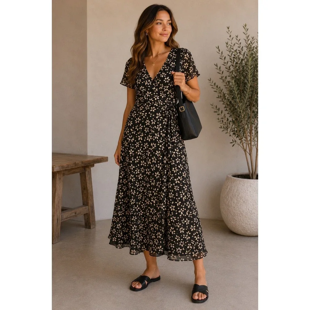 Talbots Dress Woman 20W Pure Silk Floral Midi   V-Neck Short Sleeve Brown
